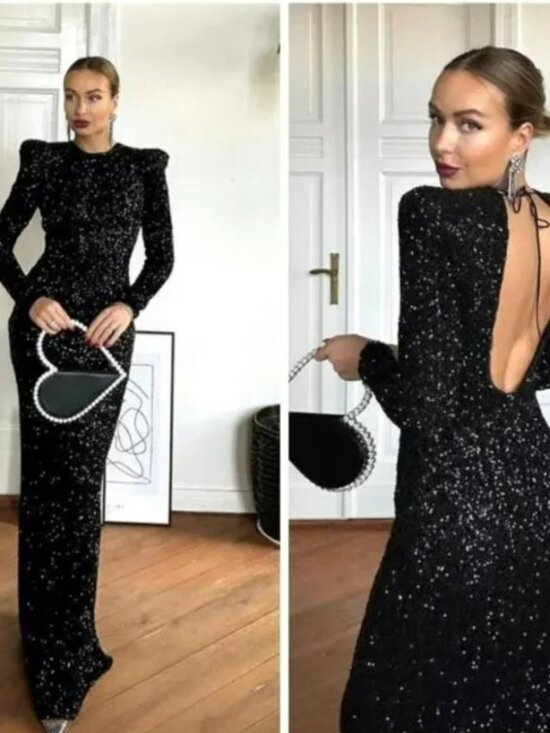 Zara Dresses & Skirts - Zara Sequin Long Sleeve Elegant Shoulder Pad Black Long Dress Gown XS